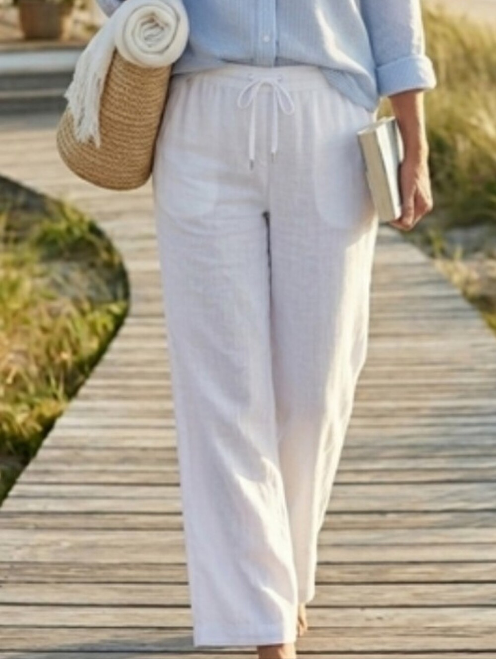 White Linen Pull On Pants Straight Leg Elastic Waist Pockets LL Bean Size 14